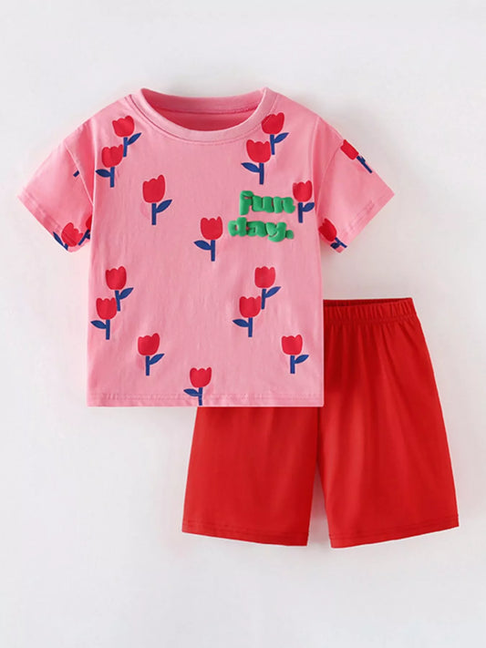 Children's Flower Round Neck Tee and Shorts Set