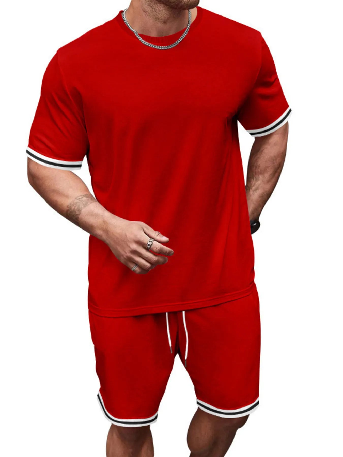 Men's Full Size Striped Short Sleeve Tee and Shorts Set Plus Size