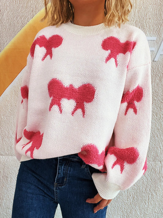 Bow Pattern Round Neck Sweater