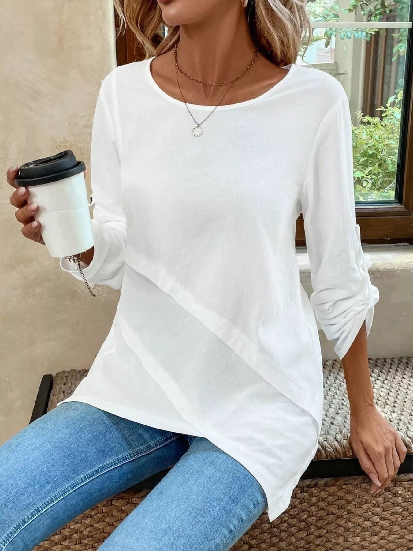 Asymmetrical Hem Solid Color Linen Blouse
