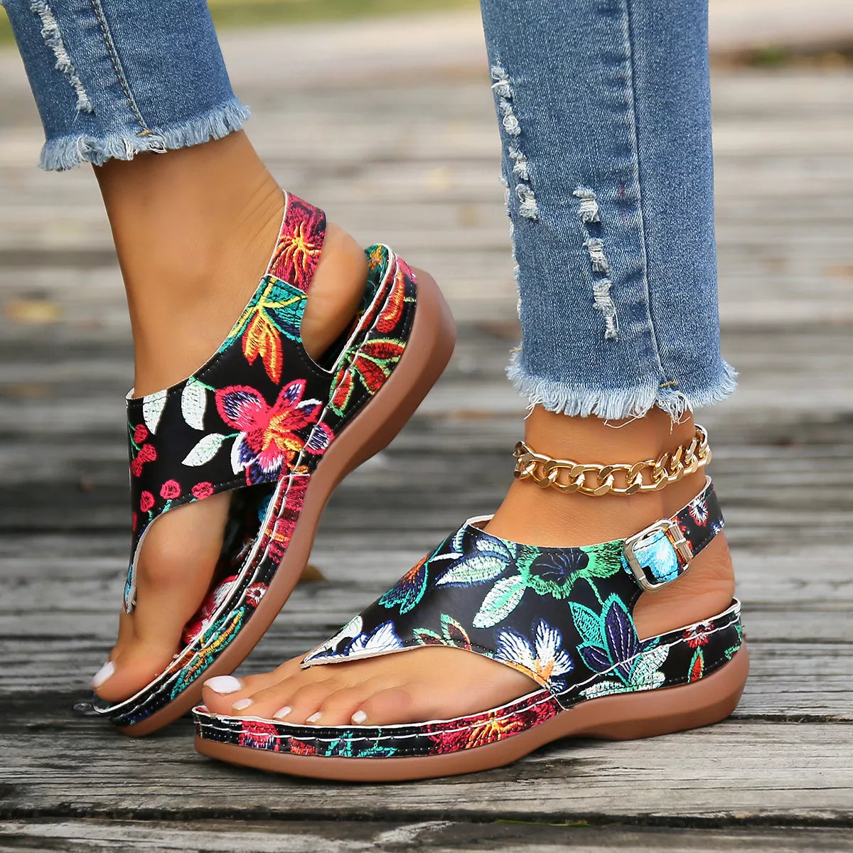 Floral Thong Wedge Sandals