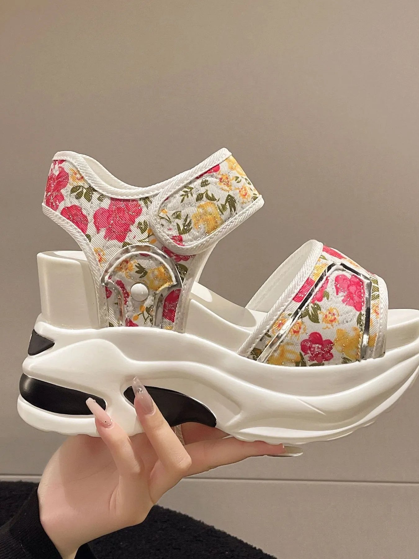 Floral Platform Wedge Sandals with Velcro