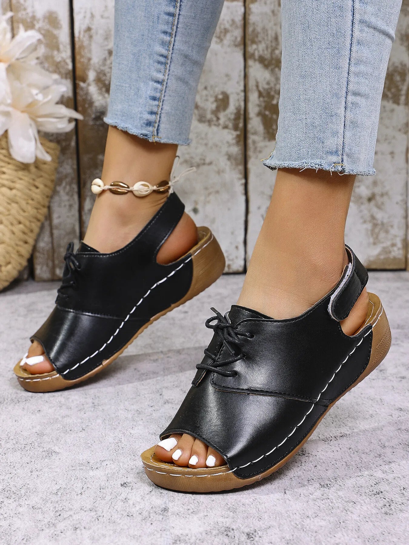 Casual Peep Toe Lace-up Comfort Sandals