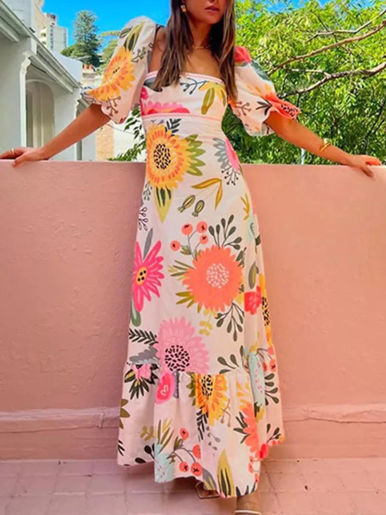 Full Size Floral Print Puff Sleeve Maxi Dress Plus Size
