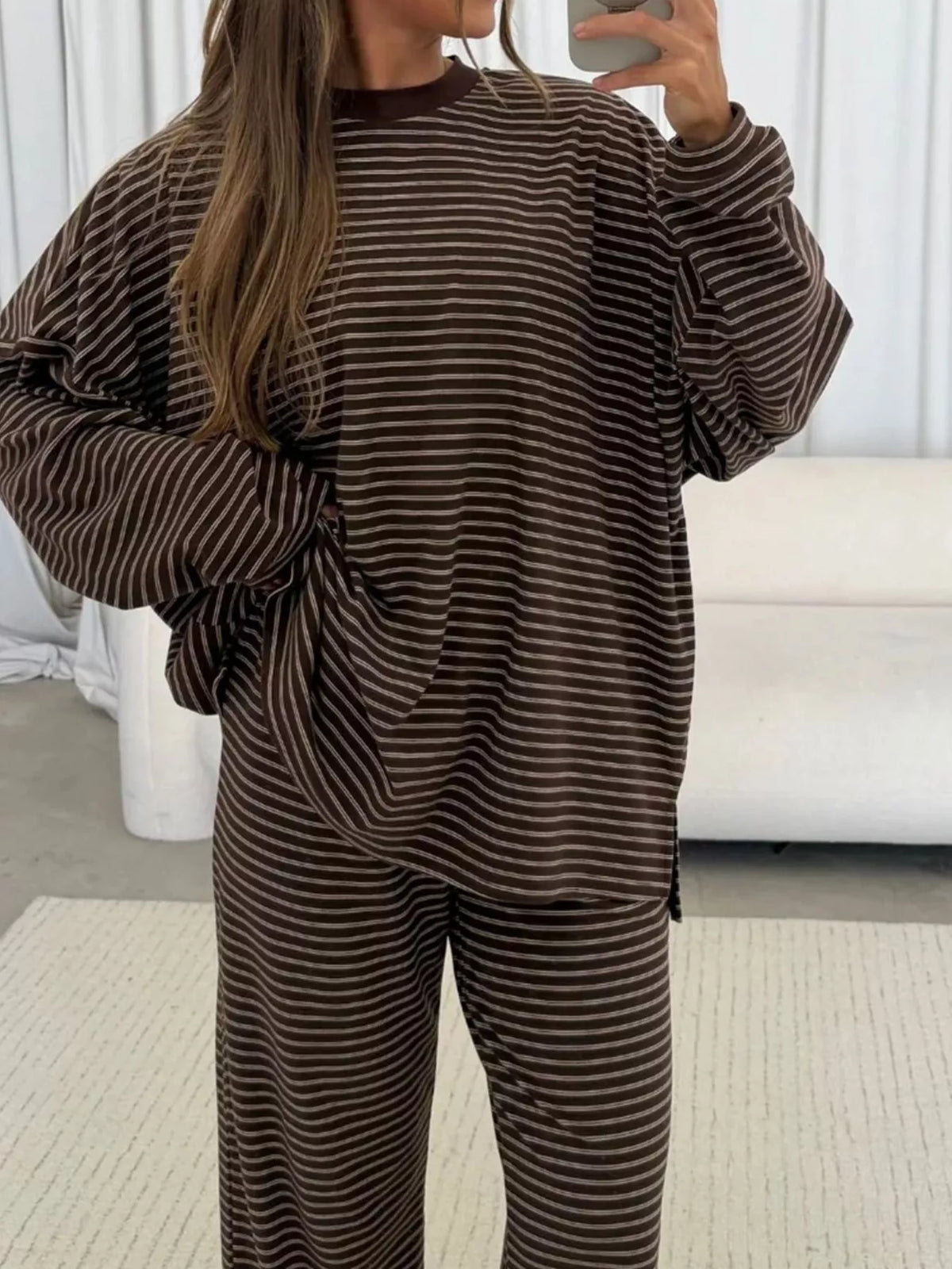 Striped Dropped Shoulder Top and Pants Lounge Set