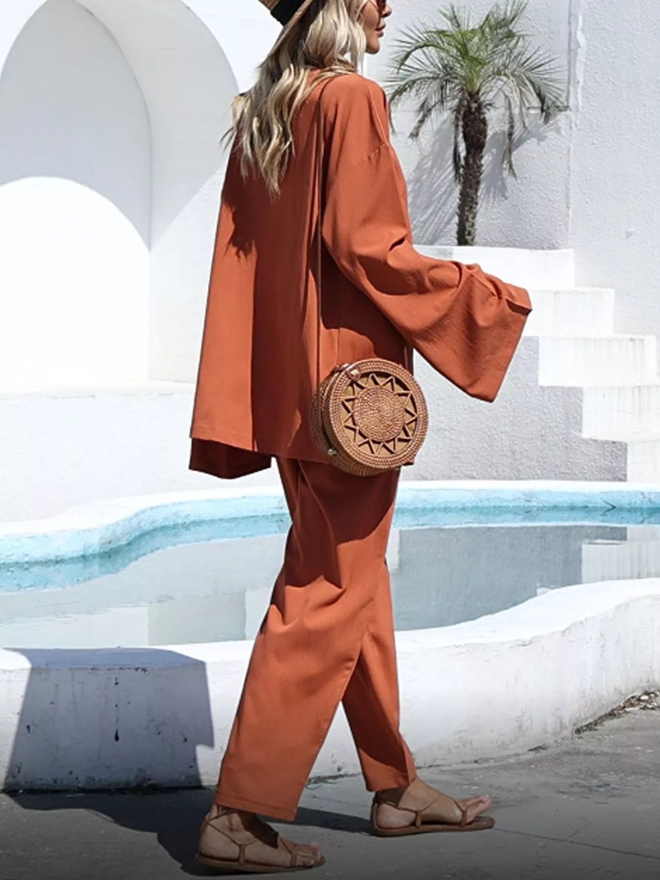 Open-Front Cardigan and Wide Leg Pants Set