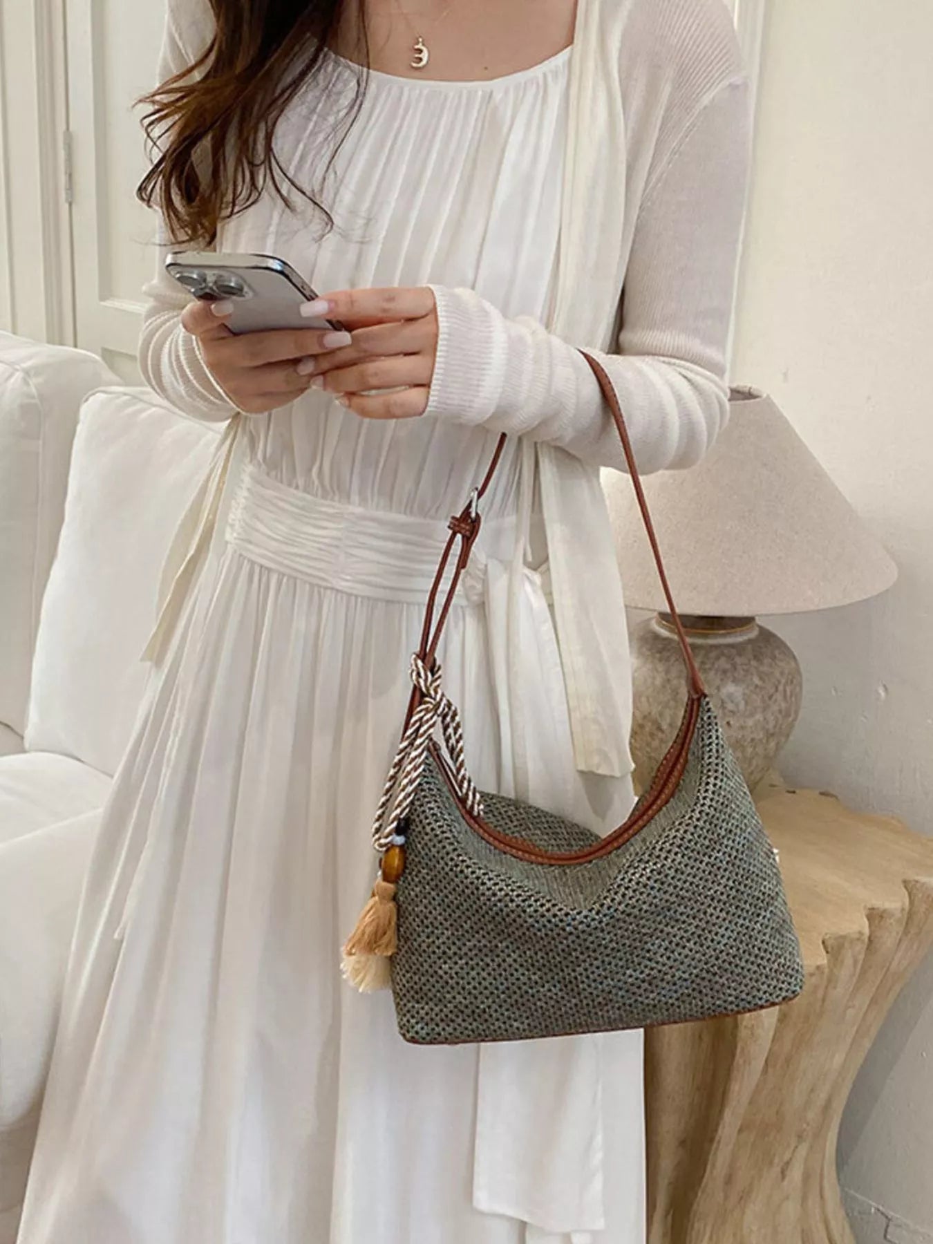 Woven Shoulder Bag with Tassel