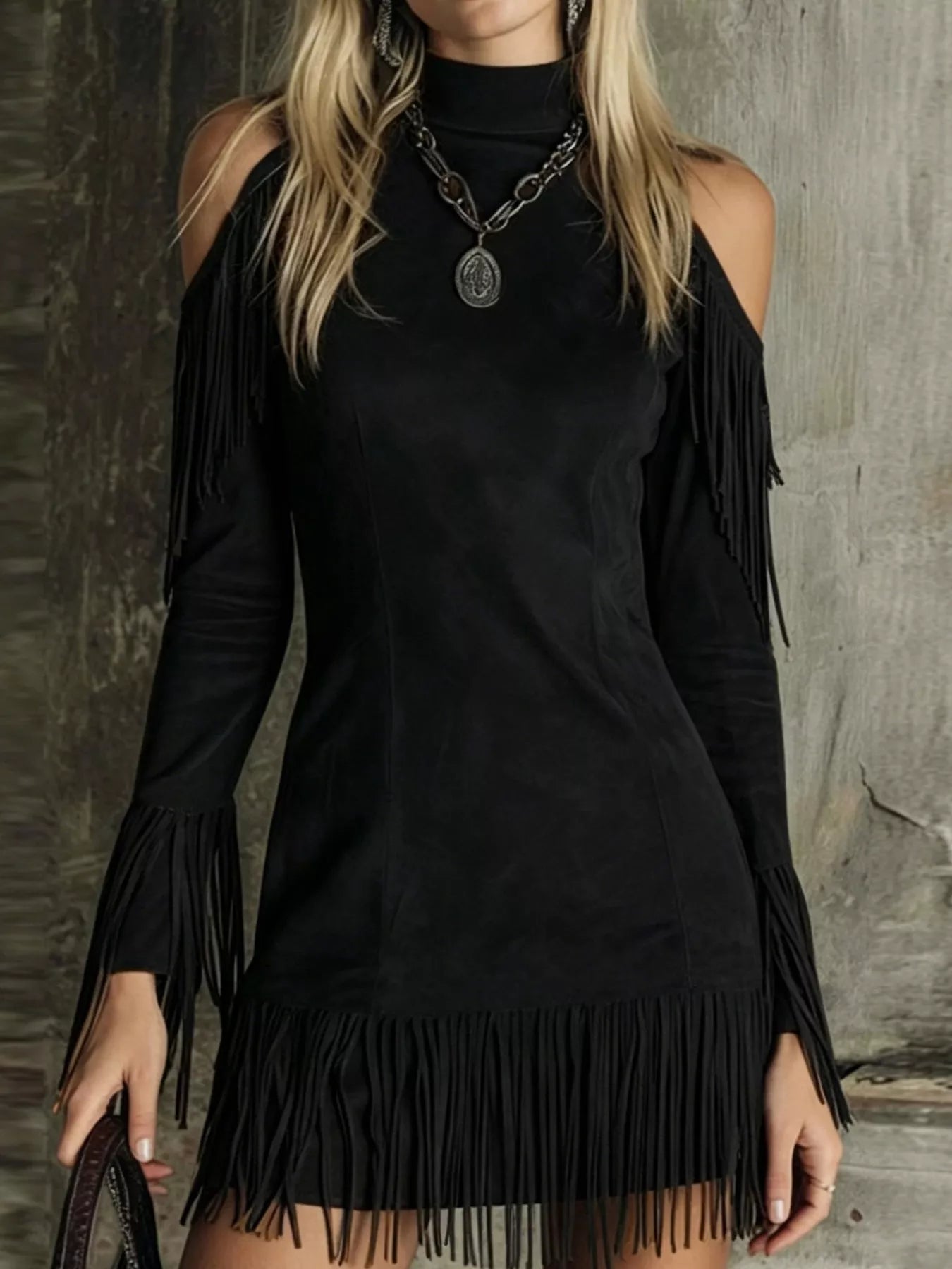 Fringed Cold Shoulder Mini Dress
