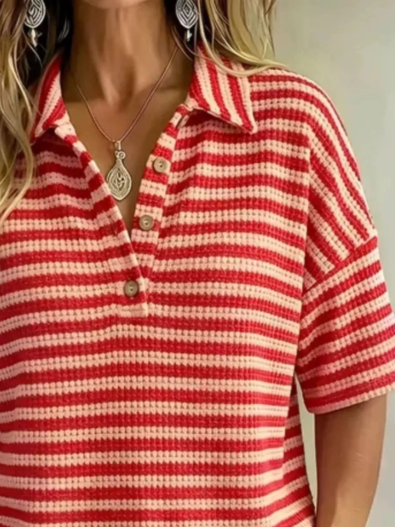 Full Size Contrast Striped Knit Polo Shirt Plus Size