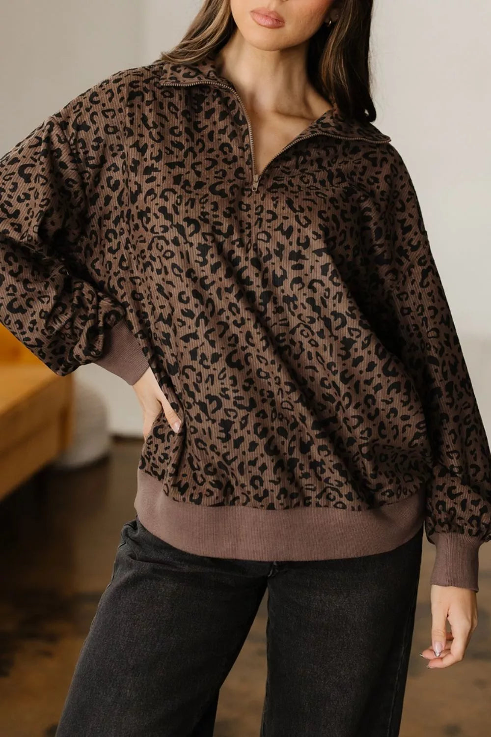 Leopard Print Quarter-Zip Sweatshirt
