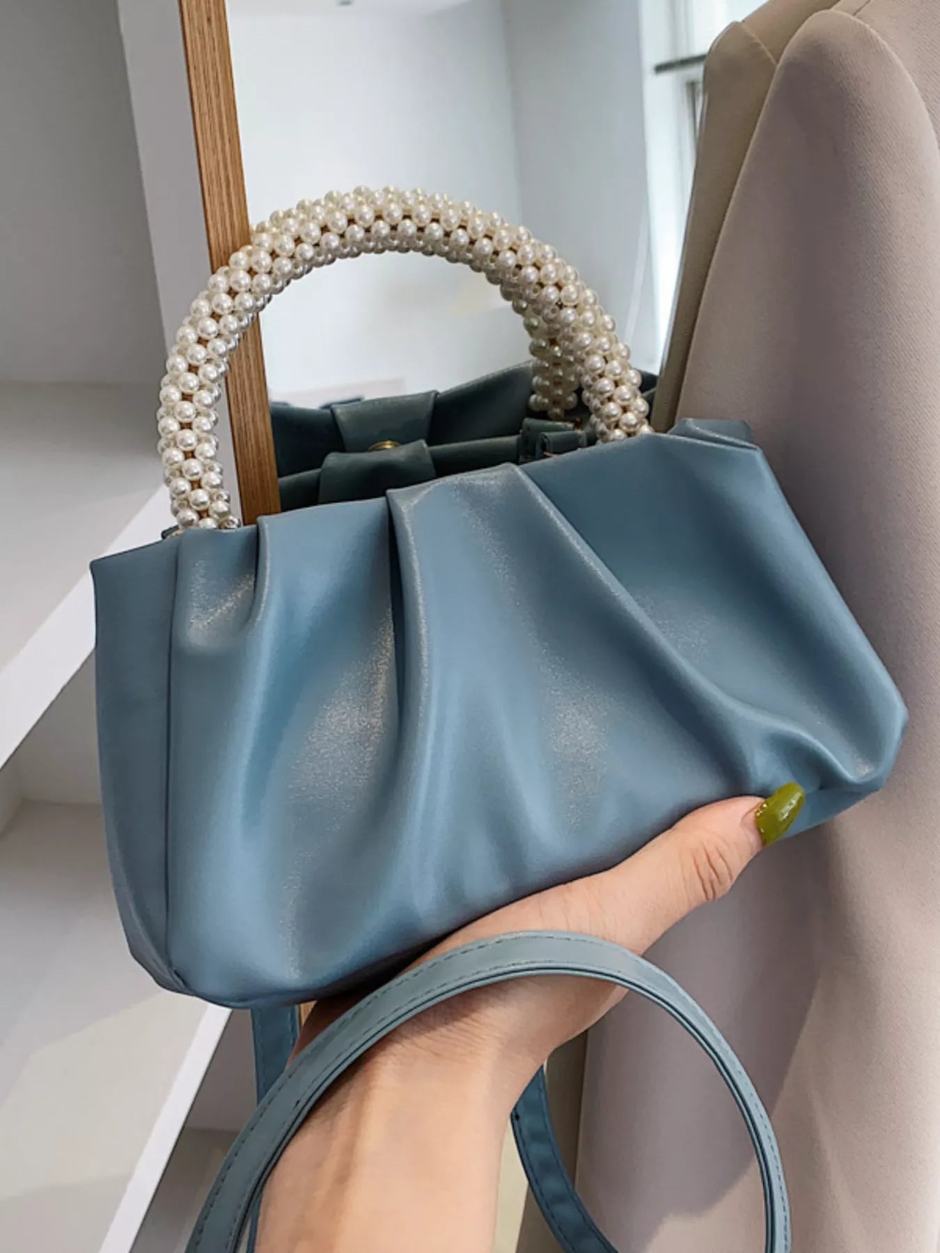 Pearl Handle Ruched Crossbody Bag
