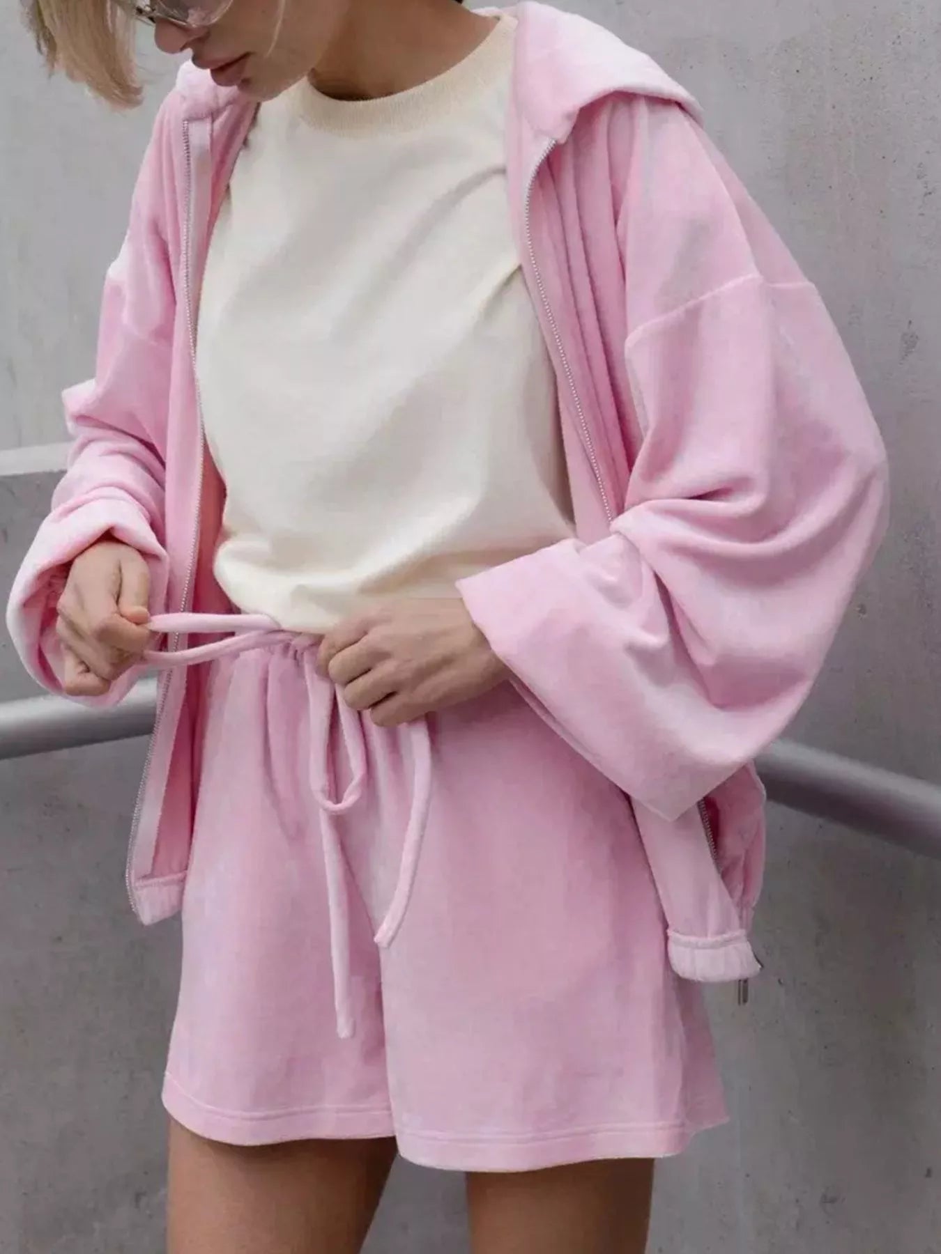 Zip Up Hooded Outerwear and Shorts Set