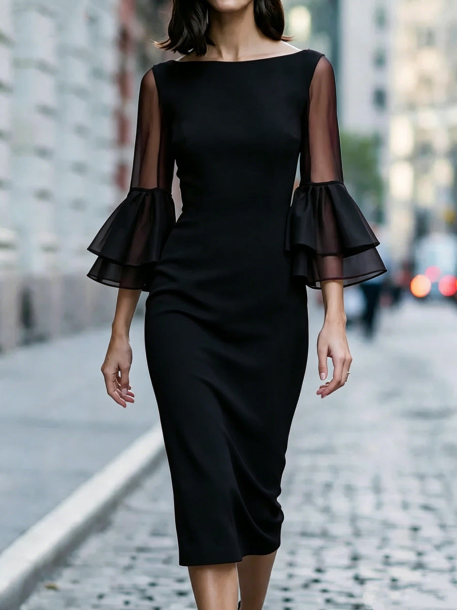 Mesh Sleeve Double Ruffle Cuff Midi Sheath Dress