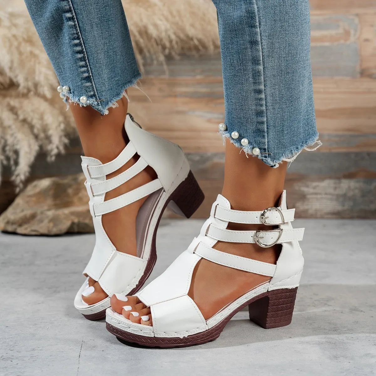 Block Heel Buckle Strap Sandals