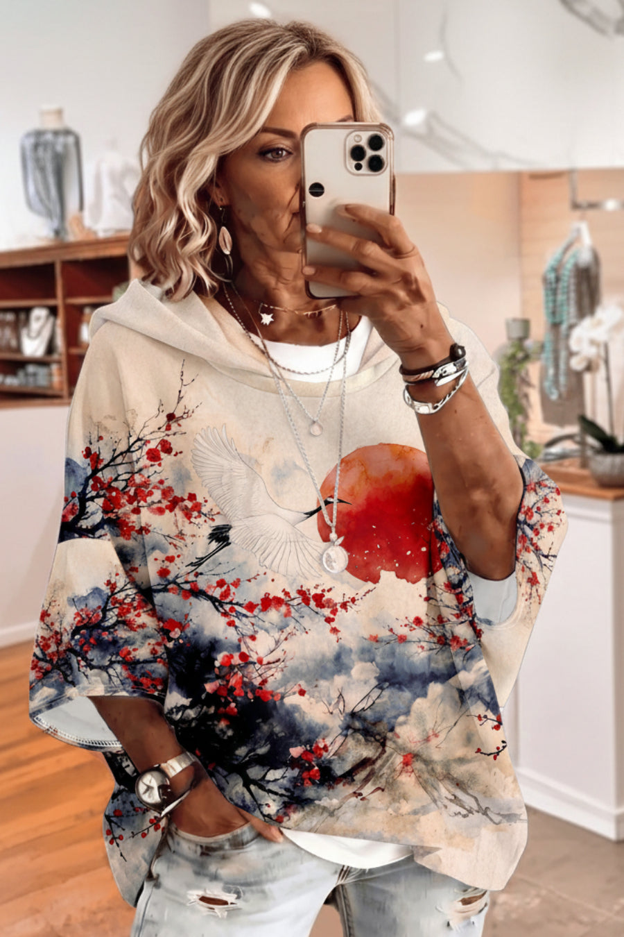 Women's Graphic Print Drawstring Hoodie – Three-Quarter Sleeves