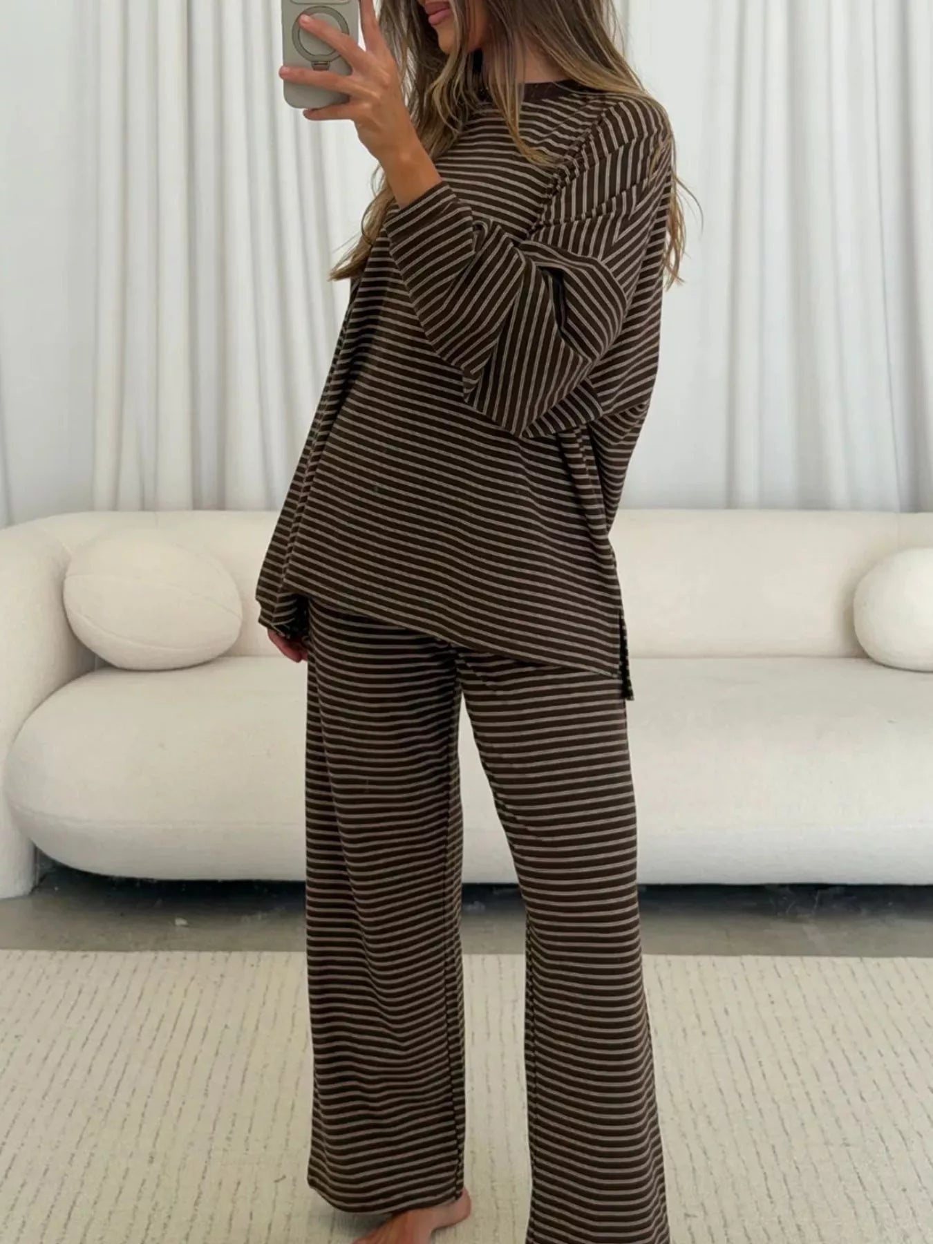Striped Long Sleeve Top and Wide Leg Pants Set