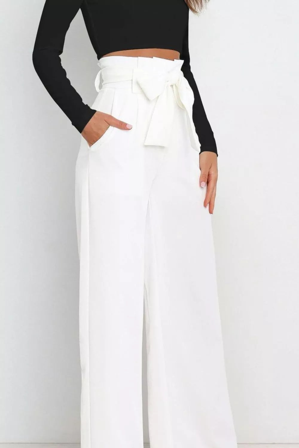 High Waist Tie Front Wide Leg Pants