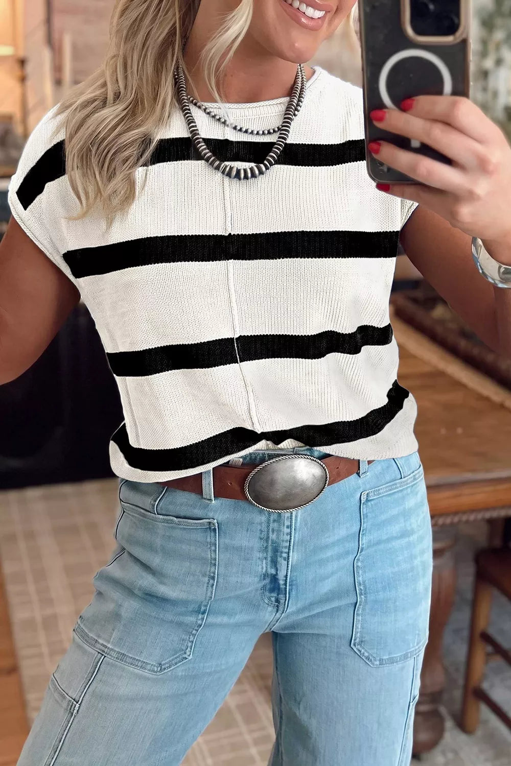 Stripe Knit Western Short Sleeve Sweater