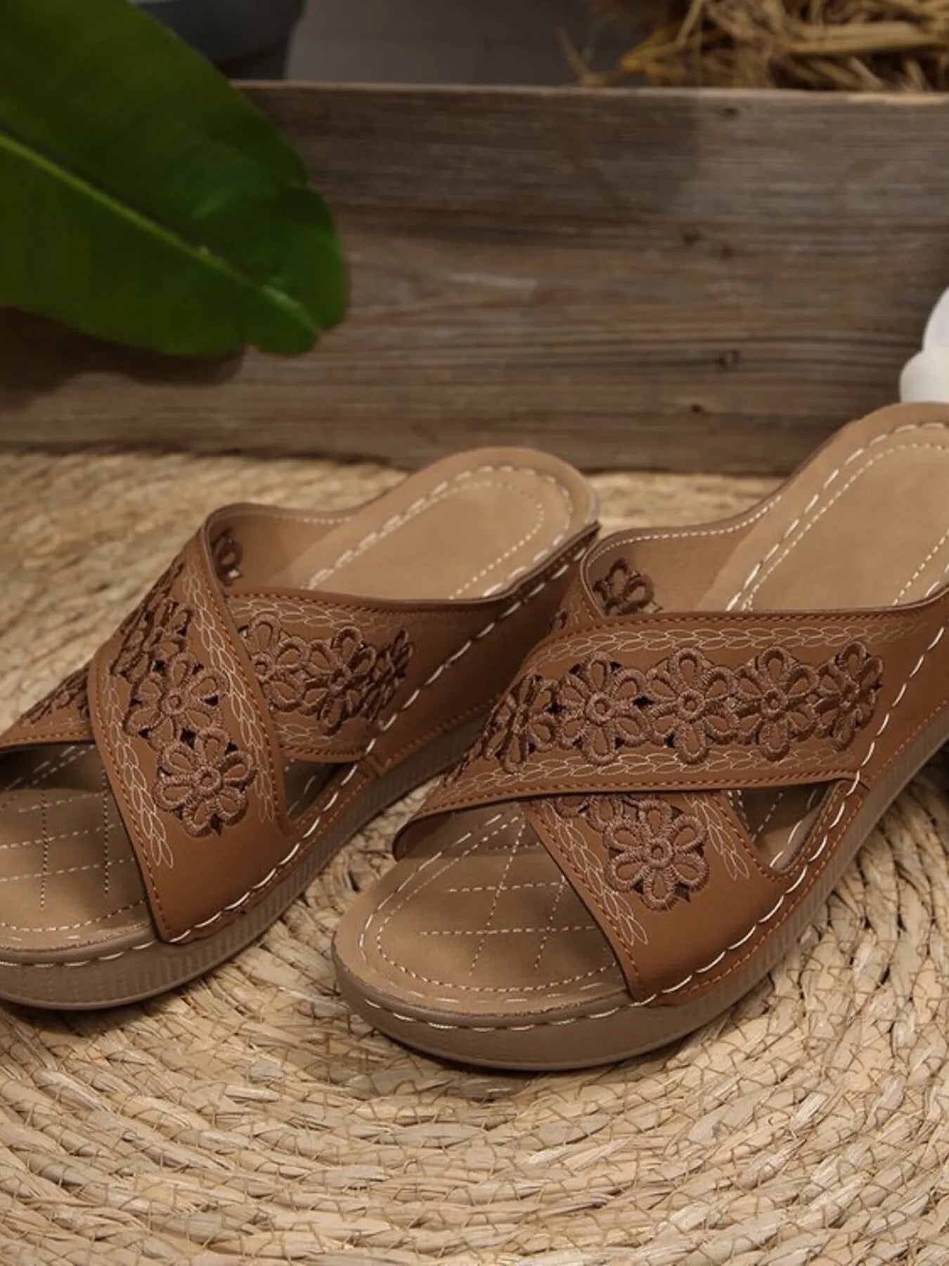Crisscross Flower Wedge Sandals