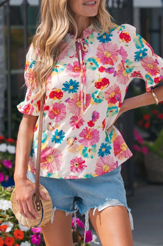 Floral Print Ruched Short Sleeve Blouse