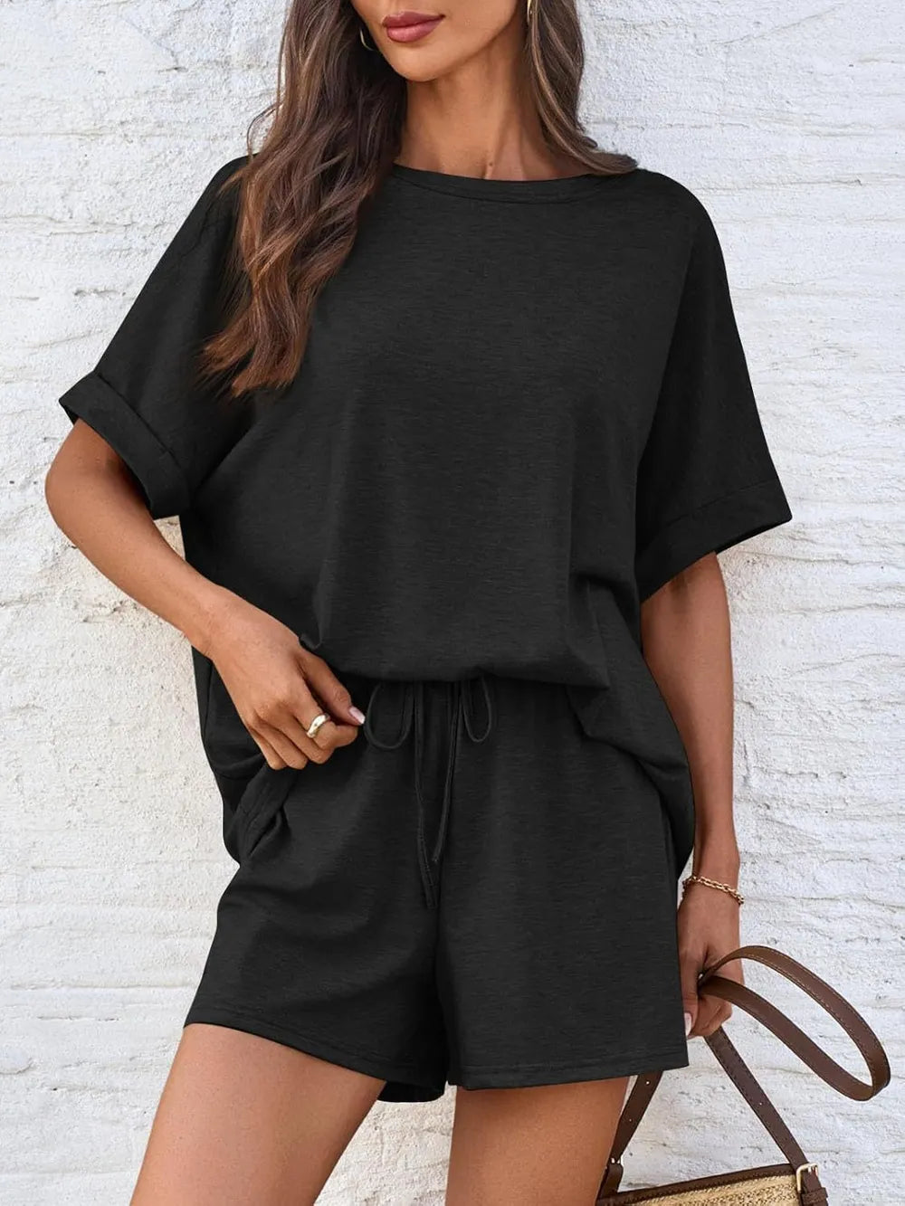 Round Neck T-Shirt and Drawstring Shorts Set