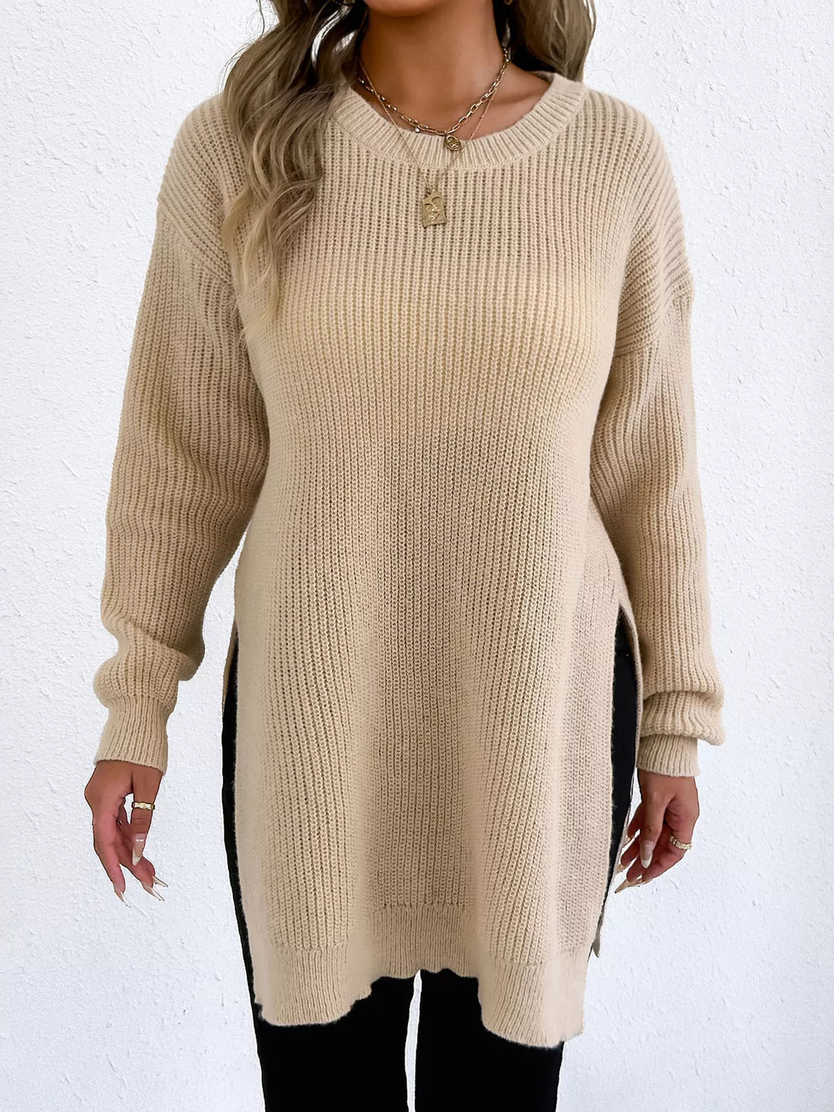 Side-Slit Dropped Shoulder Sweater