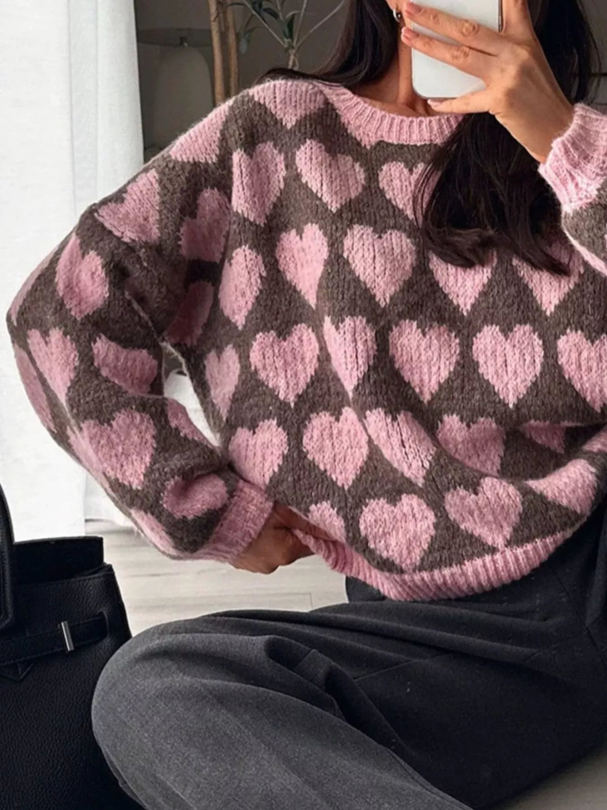 Heart Pattern Dropped Shoulder Sweater