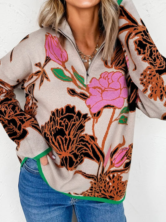 Floral Pattern Knit Quarter Zip Stand Neck Sweater