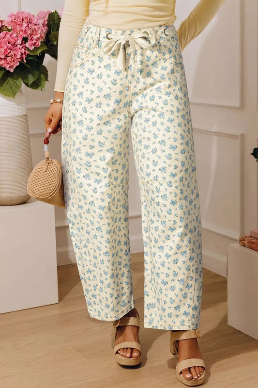 Grommet Knot Waist Floral Barrel Leg Jeans