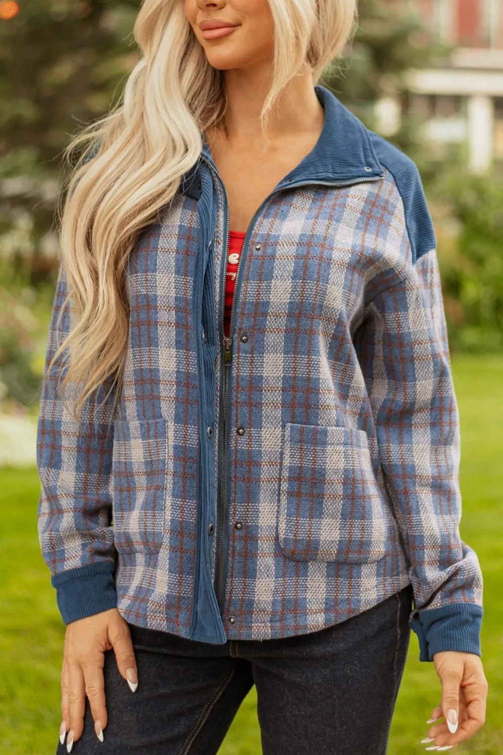 Plaid Corduroy Patchwork Collared Zip Up Snap Button Jacket