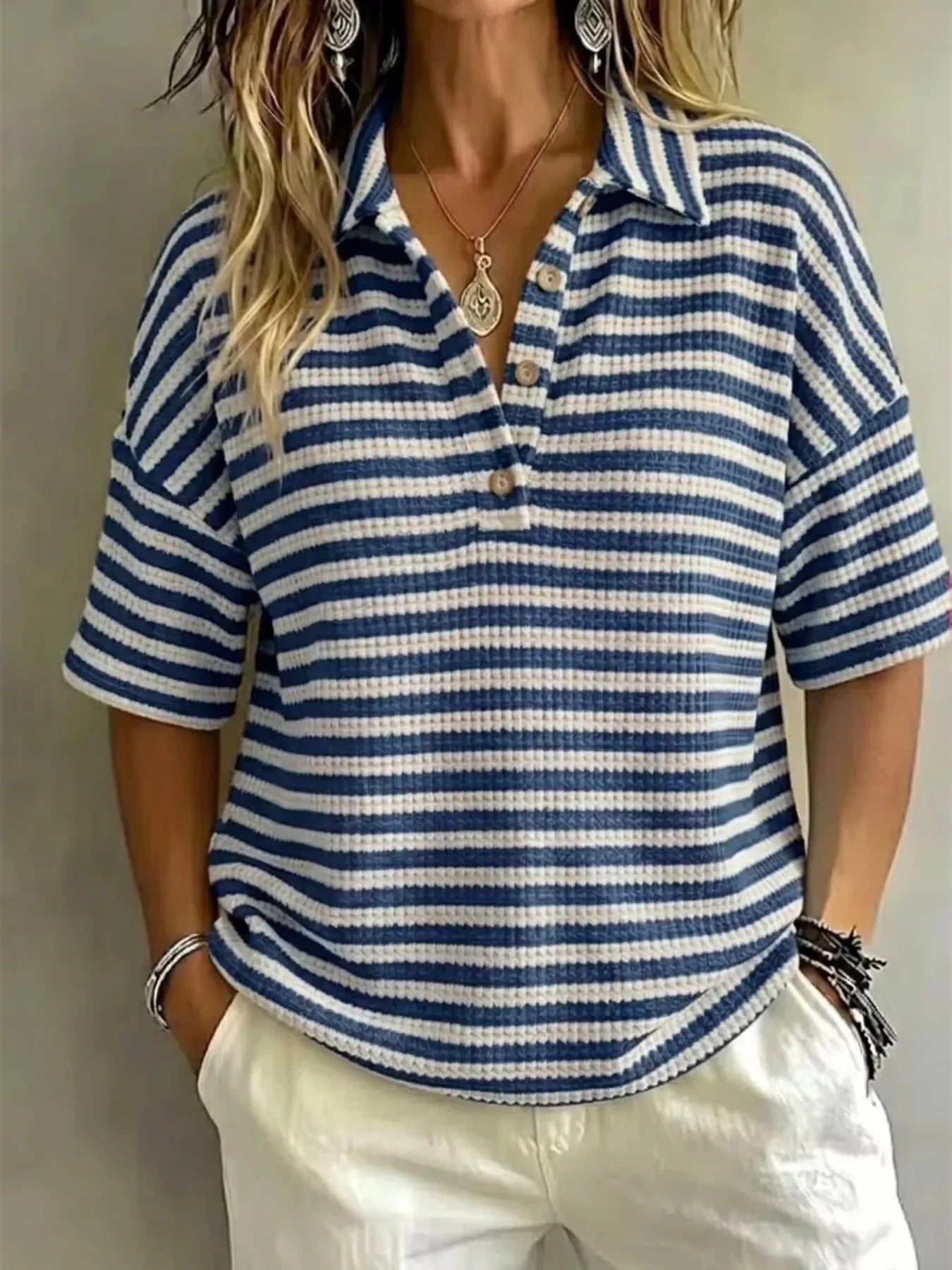 Full Size Contrast Striped Knit Polo Shirt Plus Size