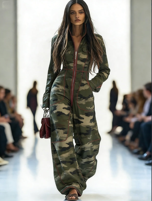 Zippered Long-sleeved Casual Wide-leg Jumpsuit