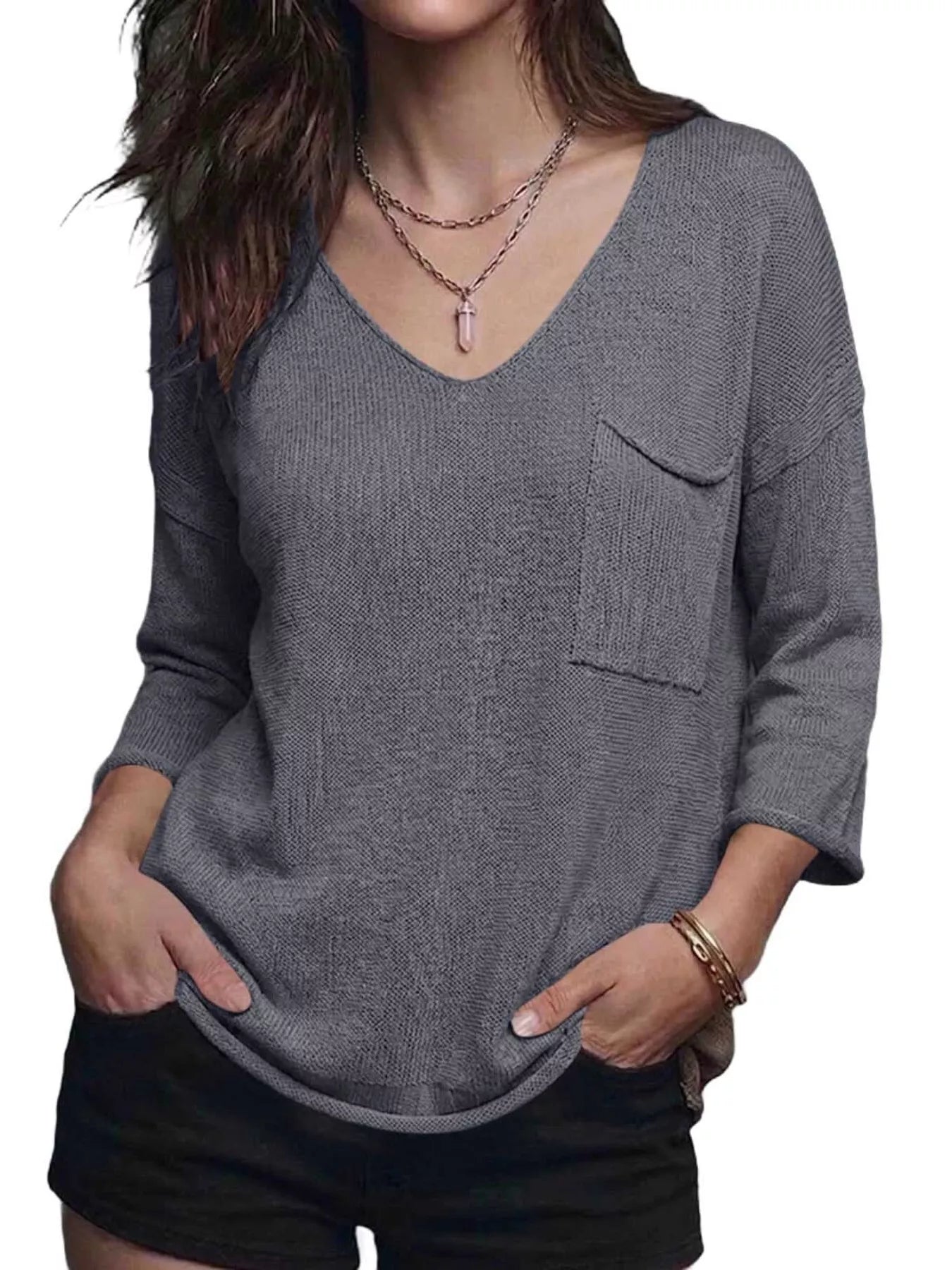 V-Neck Chest Pocket Knit Top