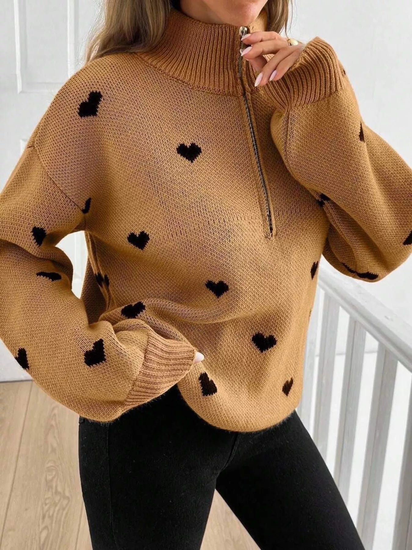 Full Size Heart Half-Zip Long Sleeve Sweater Plus Size