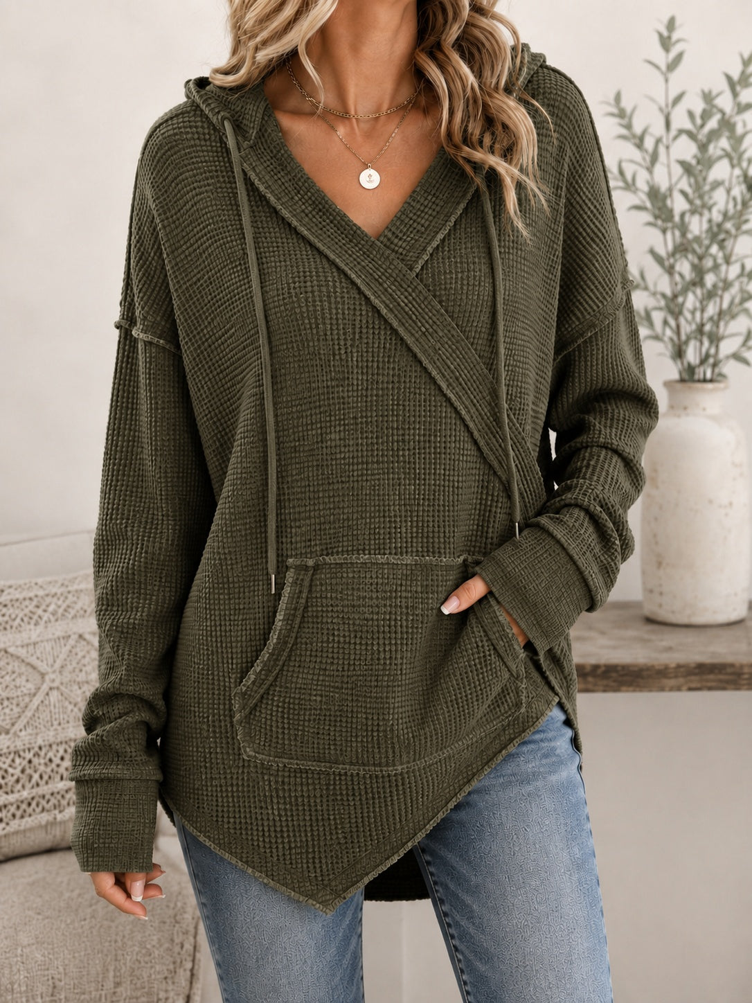 Women's Crossover-Neck Knit Hoodie with Pouch Pocket