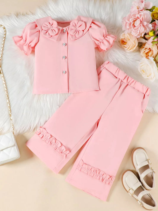 Children's Floral Decor Ruffle Trim Top & Pants Set