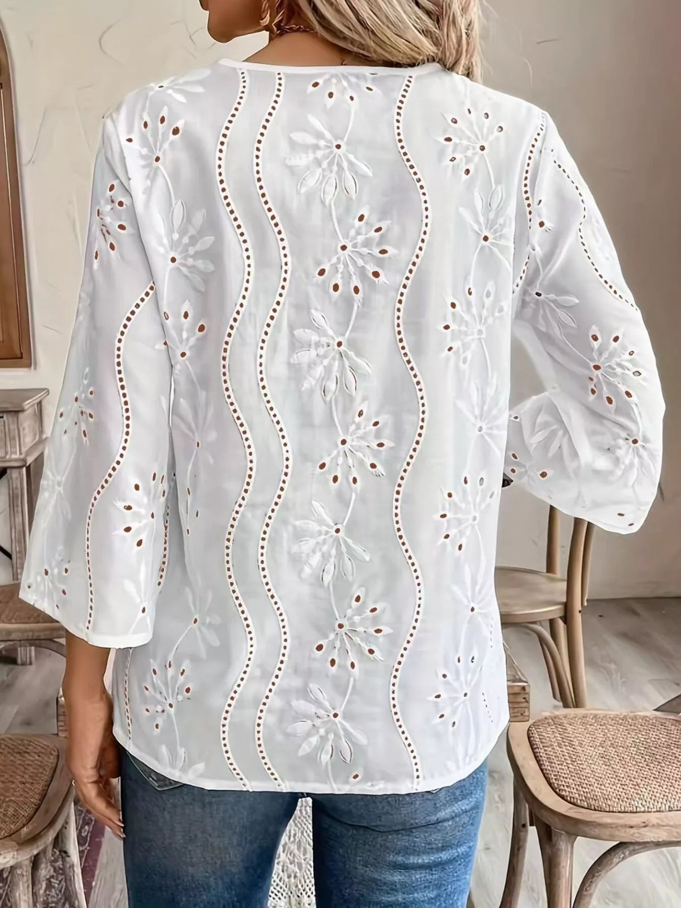 Full Size Embroidered Eyelet Long Sleeve Blouse Plus Size