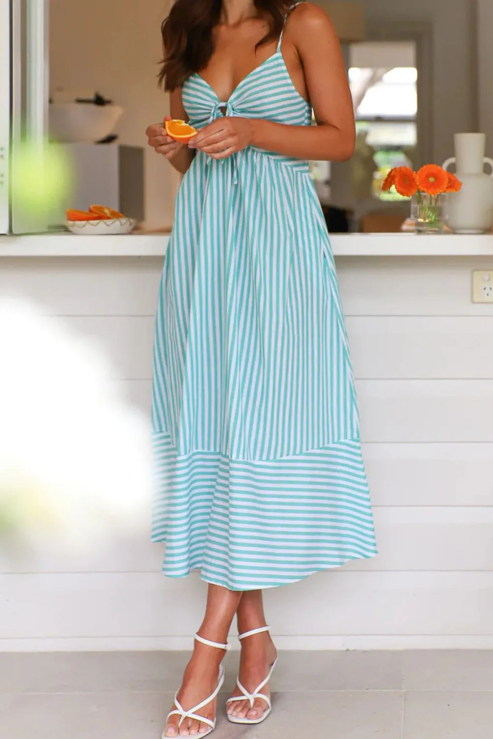 Smocked Back Striped Sleeveless Midi Dress
