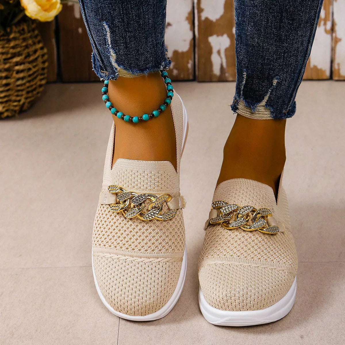 Chain Detail Round Toe Slip-Ons