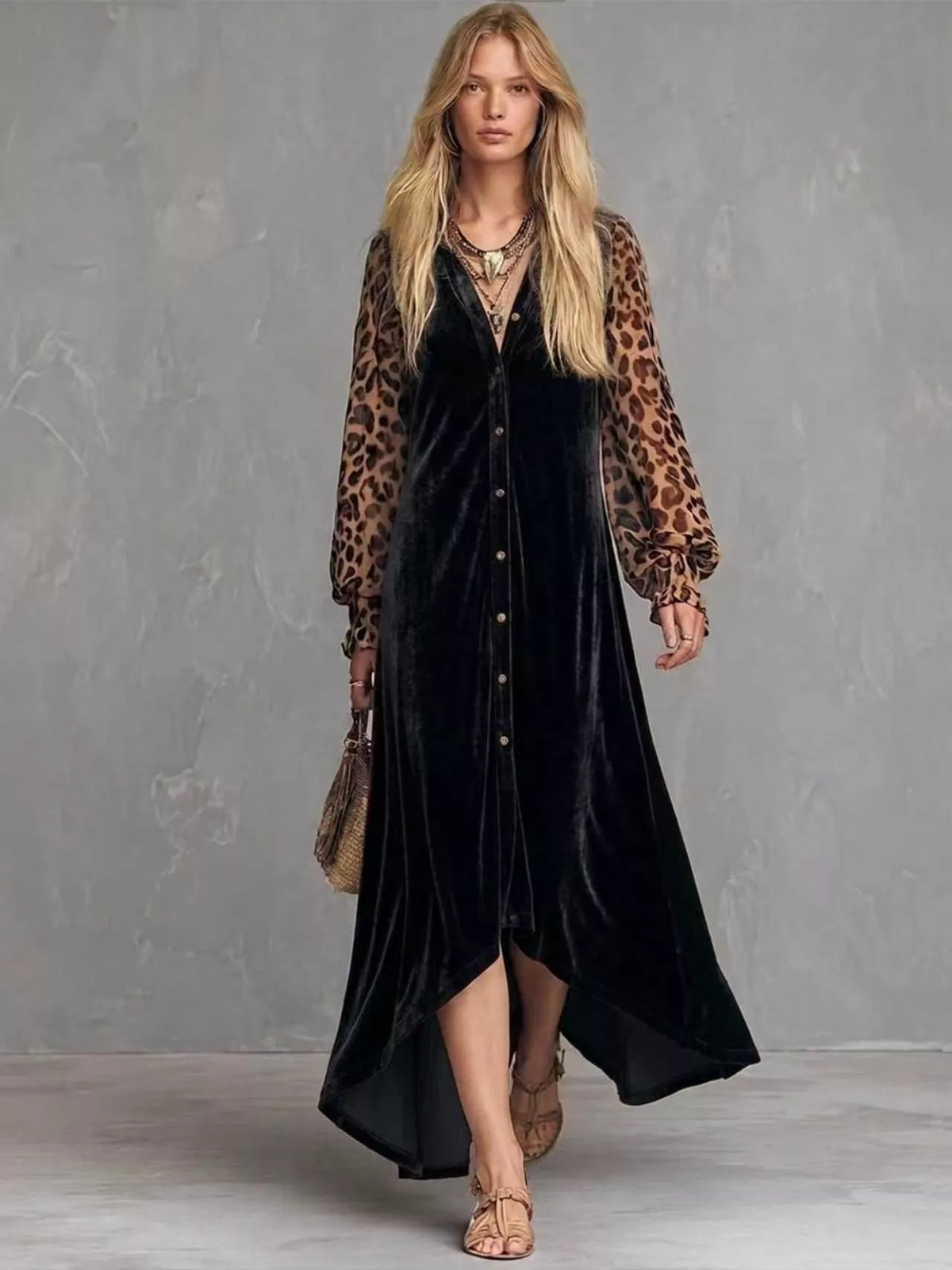Leopard Velvet Button-Down Maxi Dress