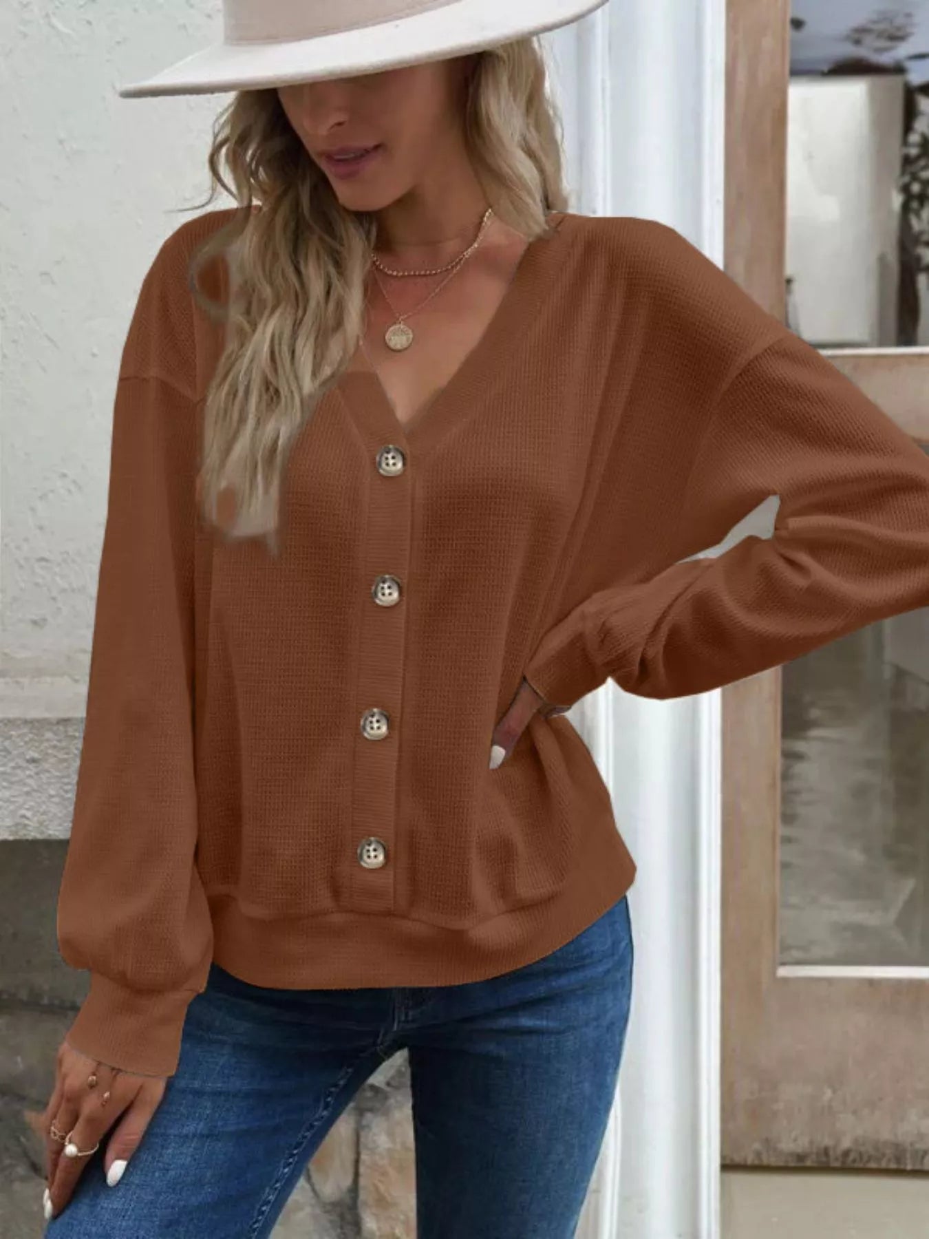 Casual V-Neck Waffle Long Sleeve Top