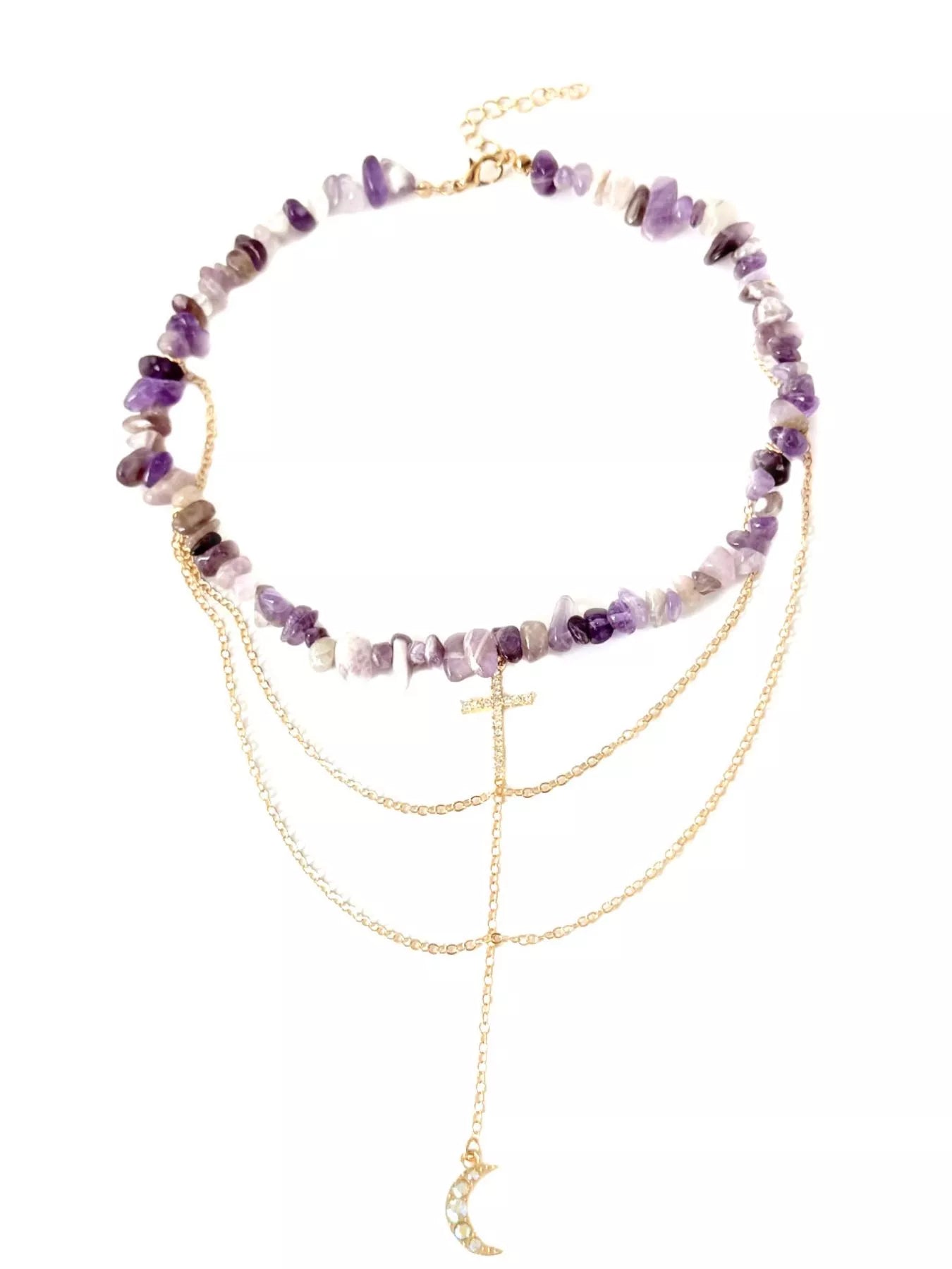 Layered Cross and Moon Pendant Necklace