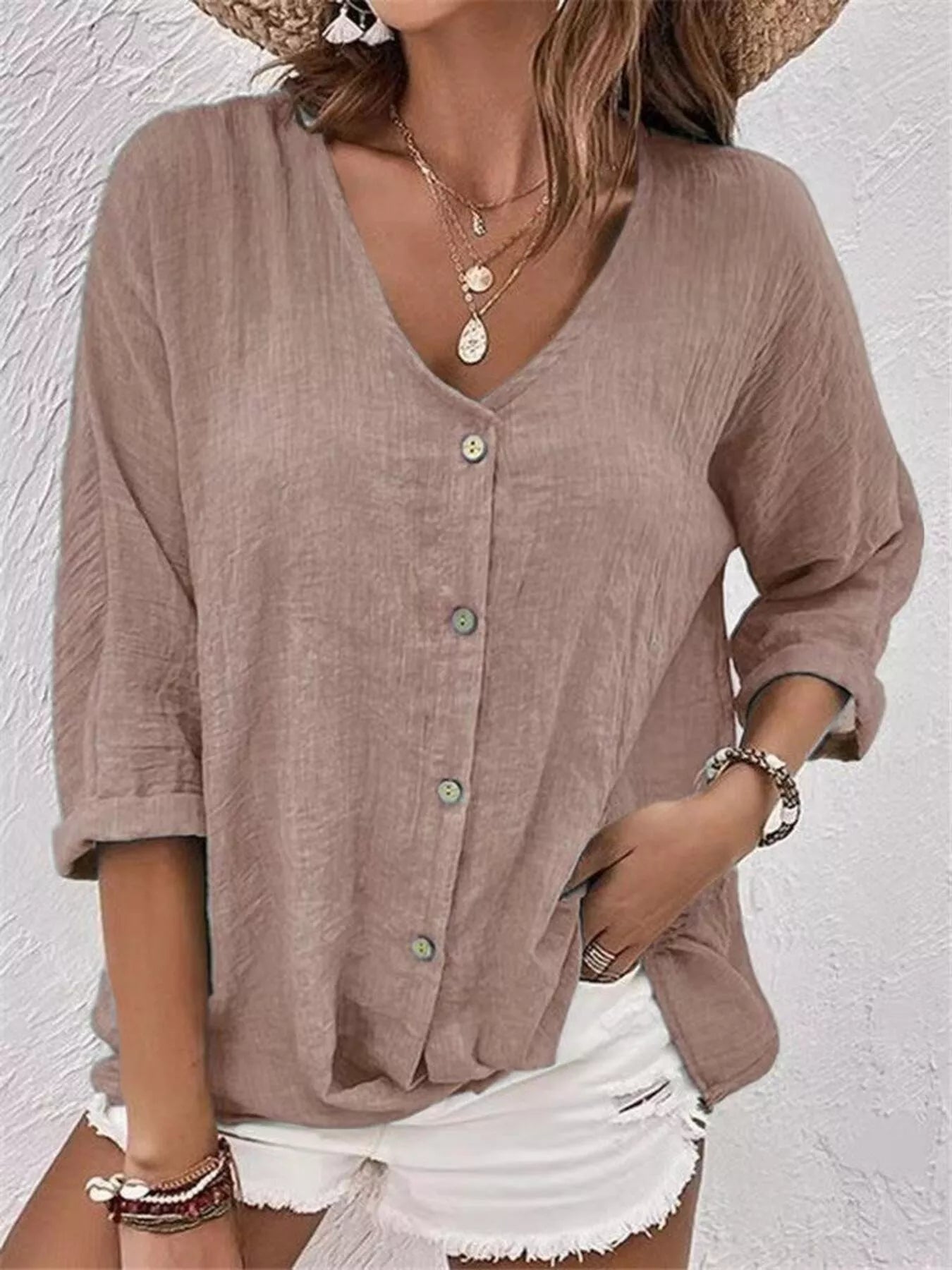 Full Size Casual V-Neck Button-Down Blouse Plus Size