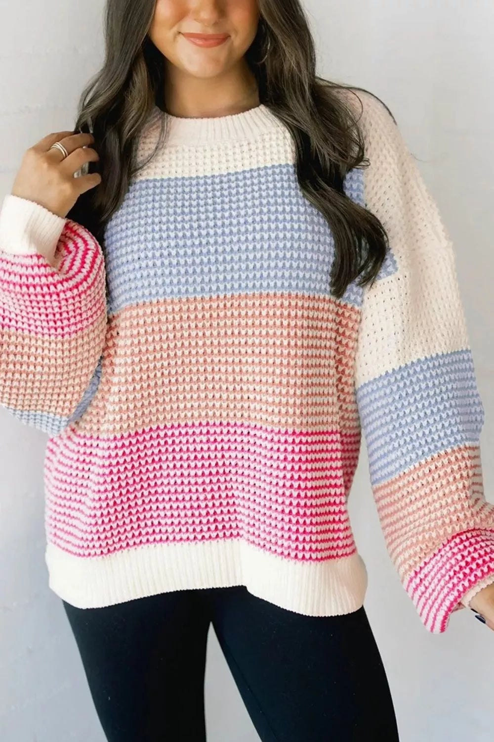 Color Block Waffle Knit Drop Shoulder Round Neck Long Sleeve Sweater