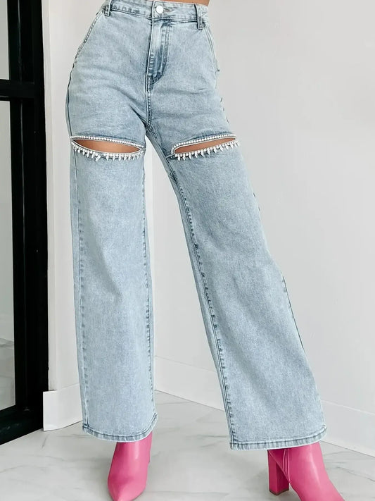 High Waist Cut-Out Wide Leg Jeans