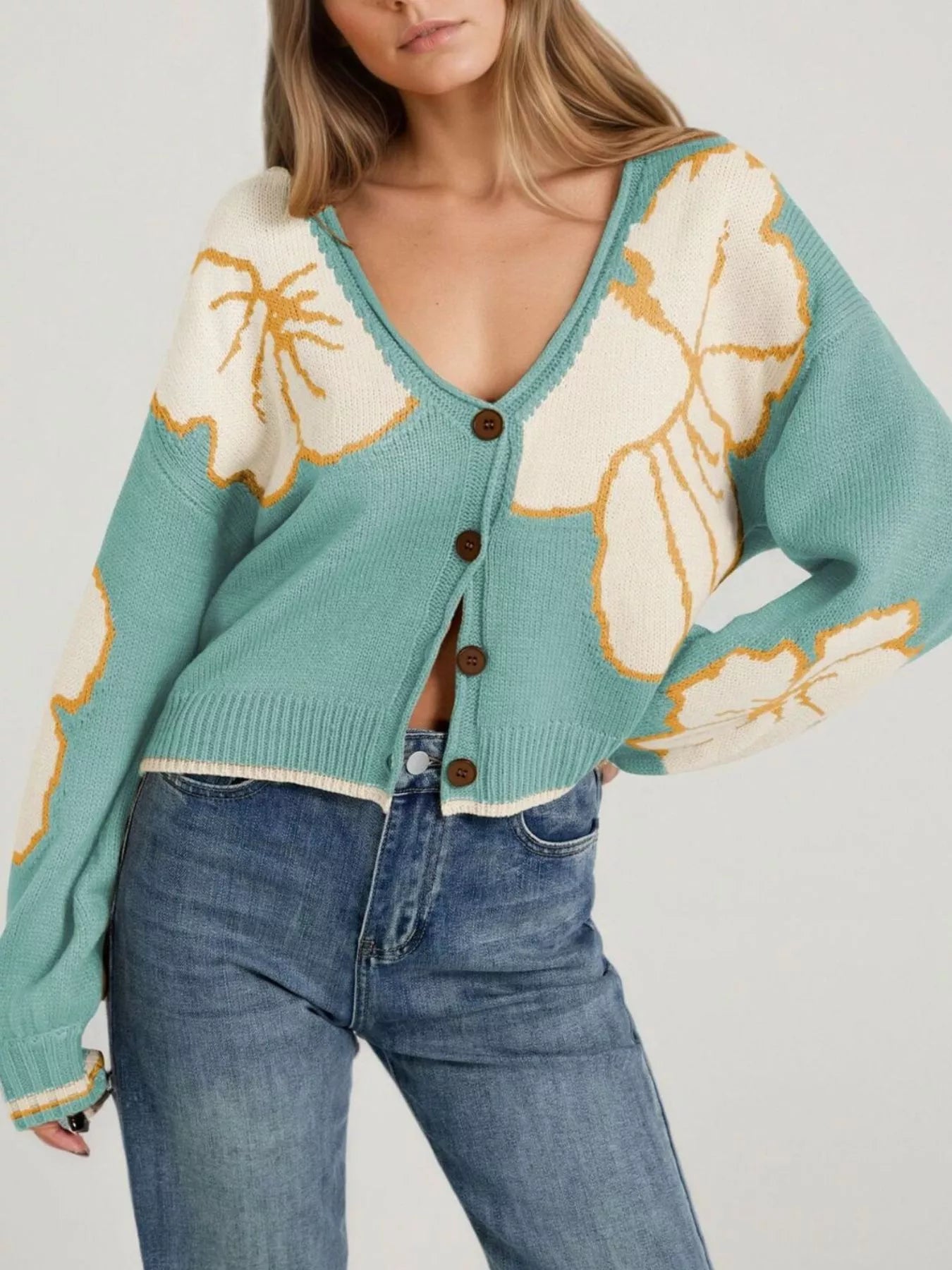 V-Neck Button-Down Knit Cardigan