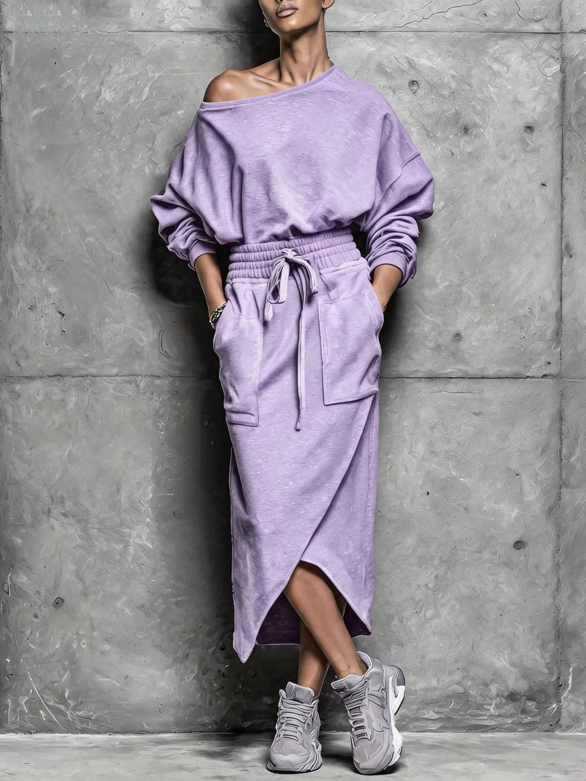Off-Shoulder Top & Drawstring Long Skirt Set with Pockets