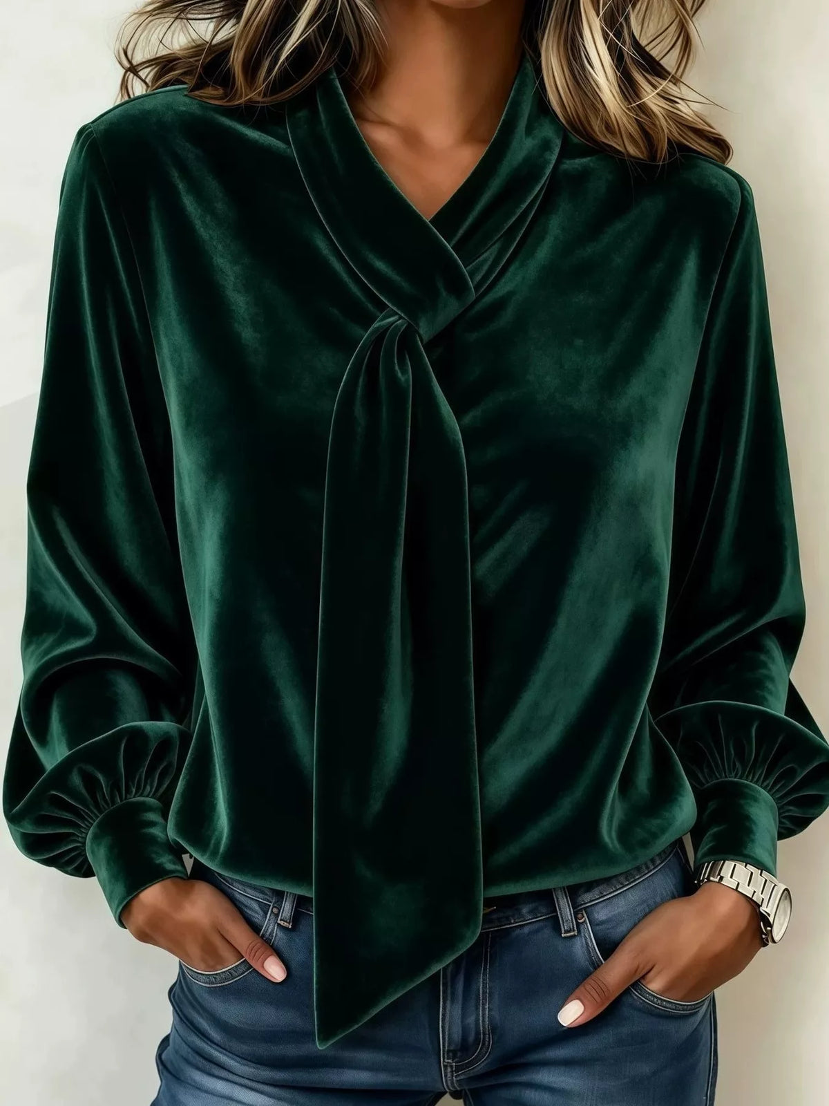 Full Size Velvet Tie-Neck Long Sleeve Blouse Plus Size