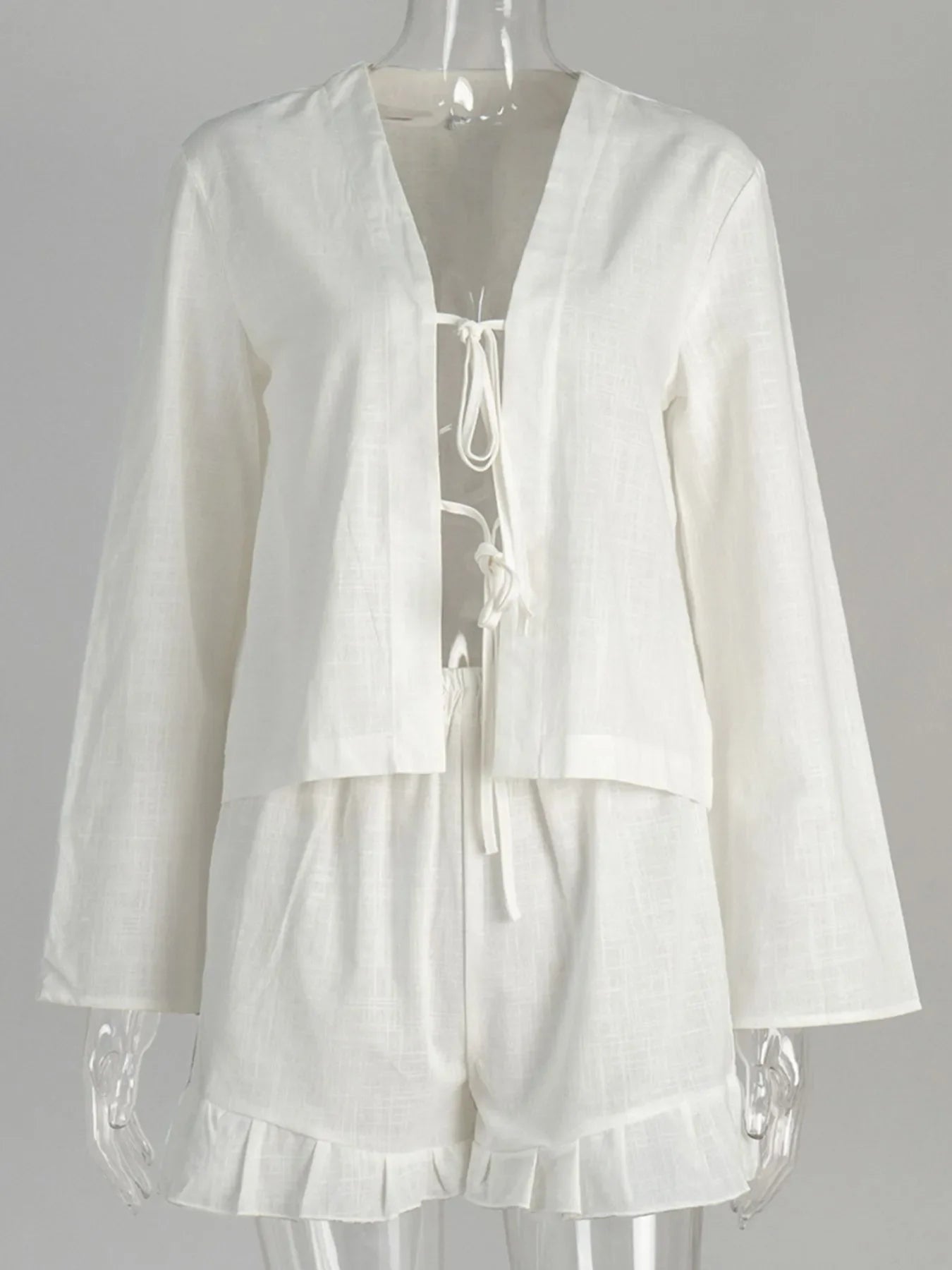 Tie Front Long Sleeve Top and Shorts Set
