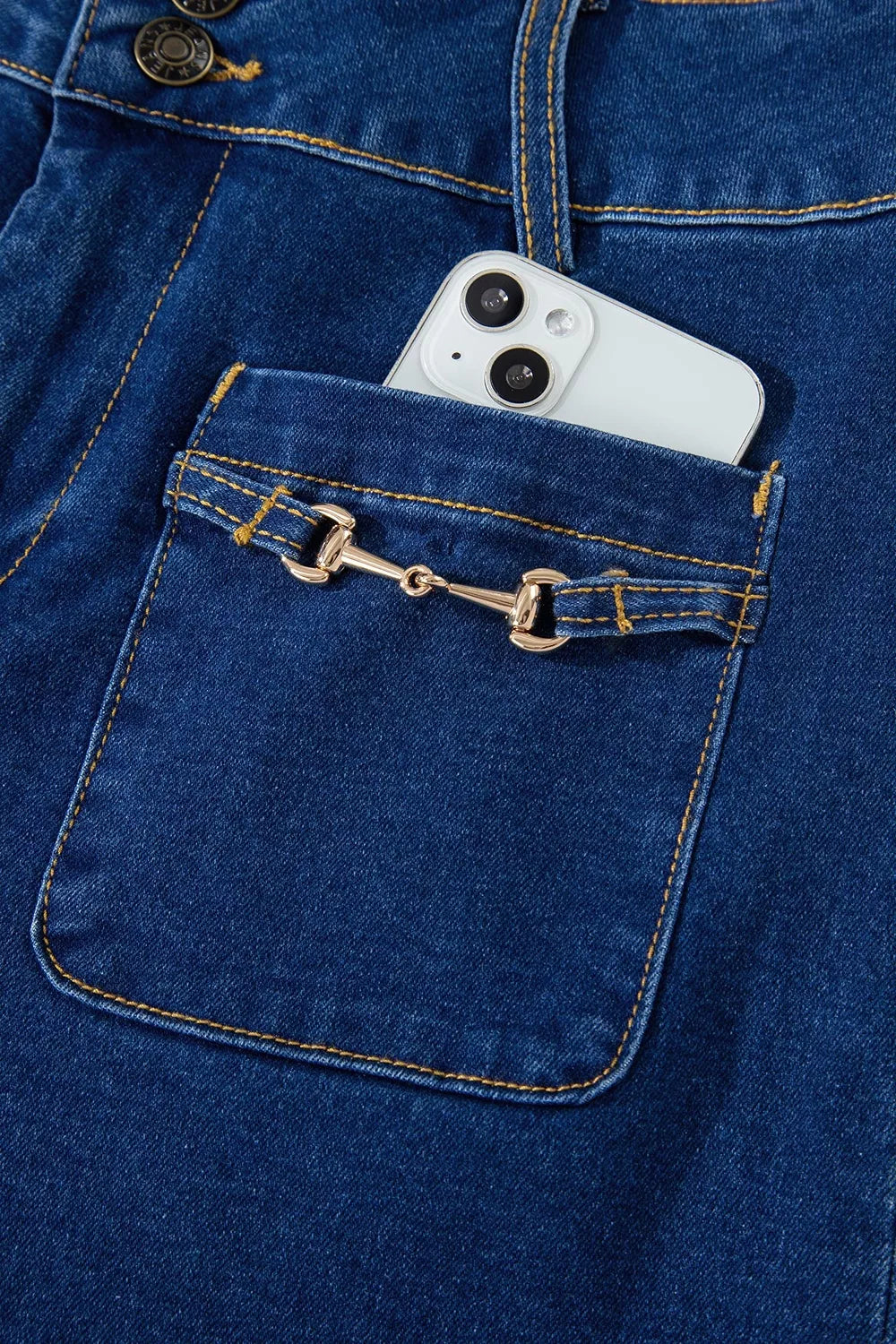 Hardware Decor Patched Pockets Wide Leg Jeans